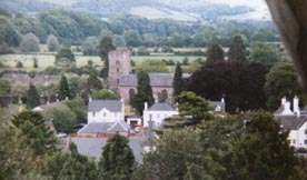 View from the Garrison Tower of Usk Castle Wales to usk village