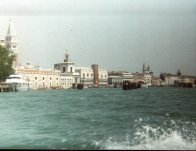 View from a boat towards the bell tower of St Marks Square.
